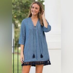 Rails Alicia Denim Chambray Navy Tassels Coastal Summer Mini Dress XS